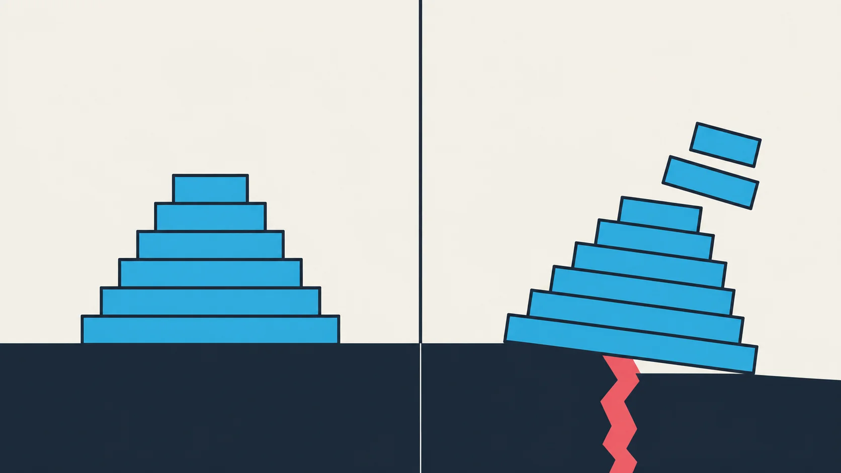 Two panels. Left: a seven-tier blue structure standing level on solid navy bedrock. Right: the bedrock split by a coral crack with one side dropped, and the structure tilting with its top tiers sliding off.