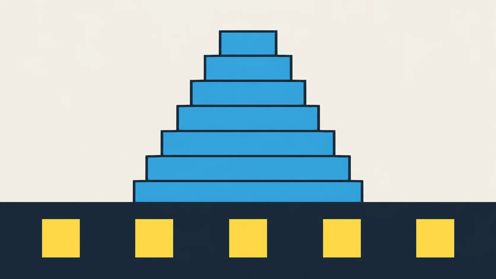 A cross-section: a navy band of bedrock with five yellow blocks set into it, and a seven-tier blue stepped structure standing on top.