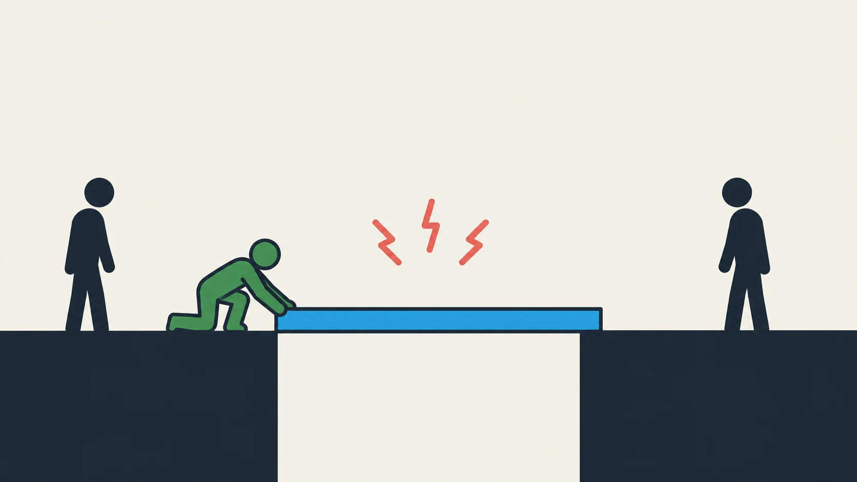 Two navy figures face each other across a gap between two platforms, with coral zigzag lines floating between them. A green figure kneels at the edge, pushing a straight blue plank across the gap.