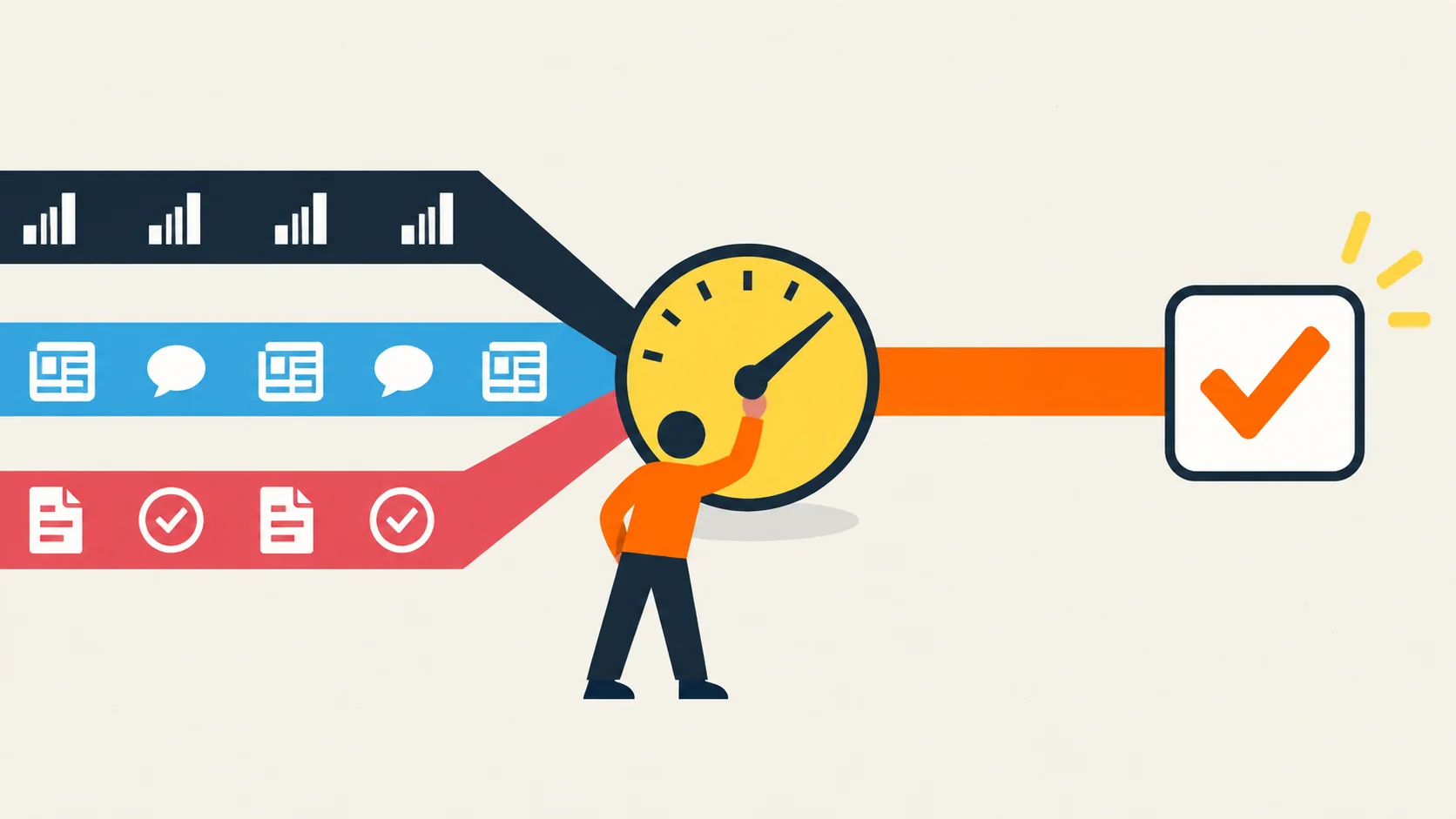 Three streams of information, hard data, news coverage, and candidate records, flow into a dial that a voter adjusts by hand, producing a single matched candidate.
