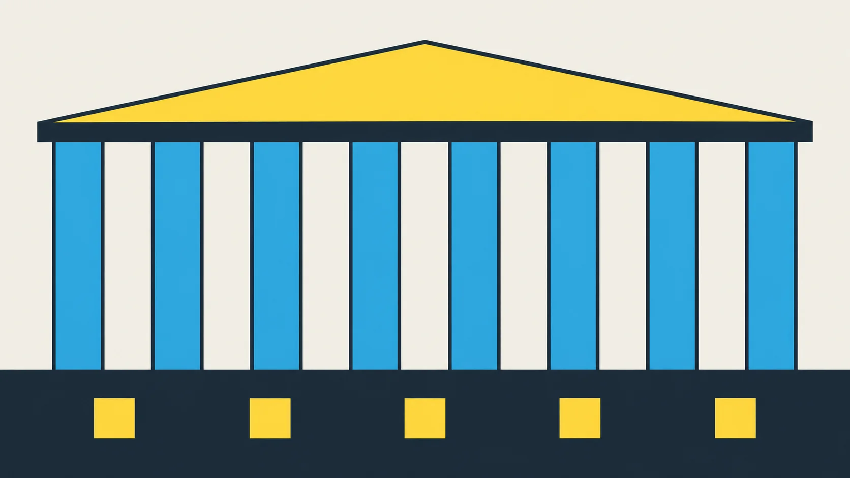 A classical temple: a navy bedrock band with five yellow blocks, eight blue columns standing on it, a navy beam, and a wide yellow triangular roof.