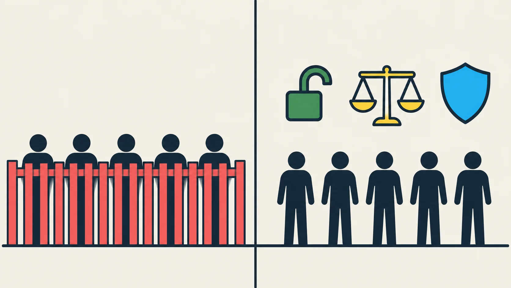 Two panels. Left: five navy figures behind a tall coral fence of vertical bars. Right: the same five figures on open ground beneath three icons: an open green padlock, yellow balanced scales, and a blue shield.