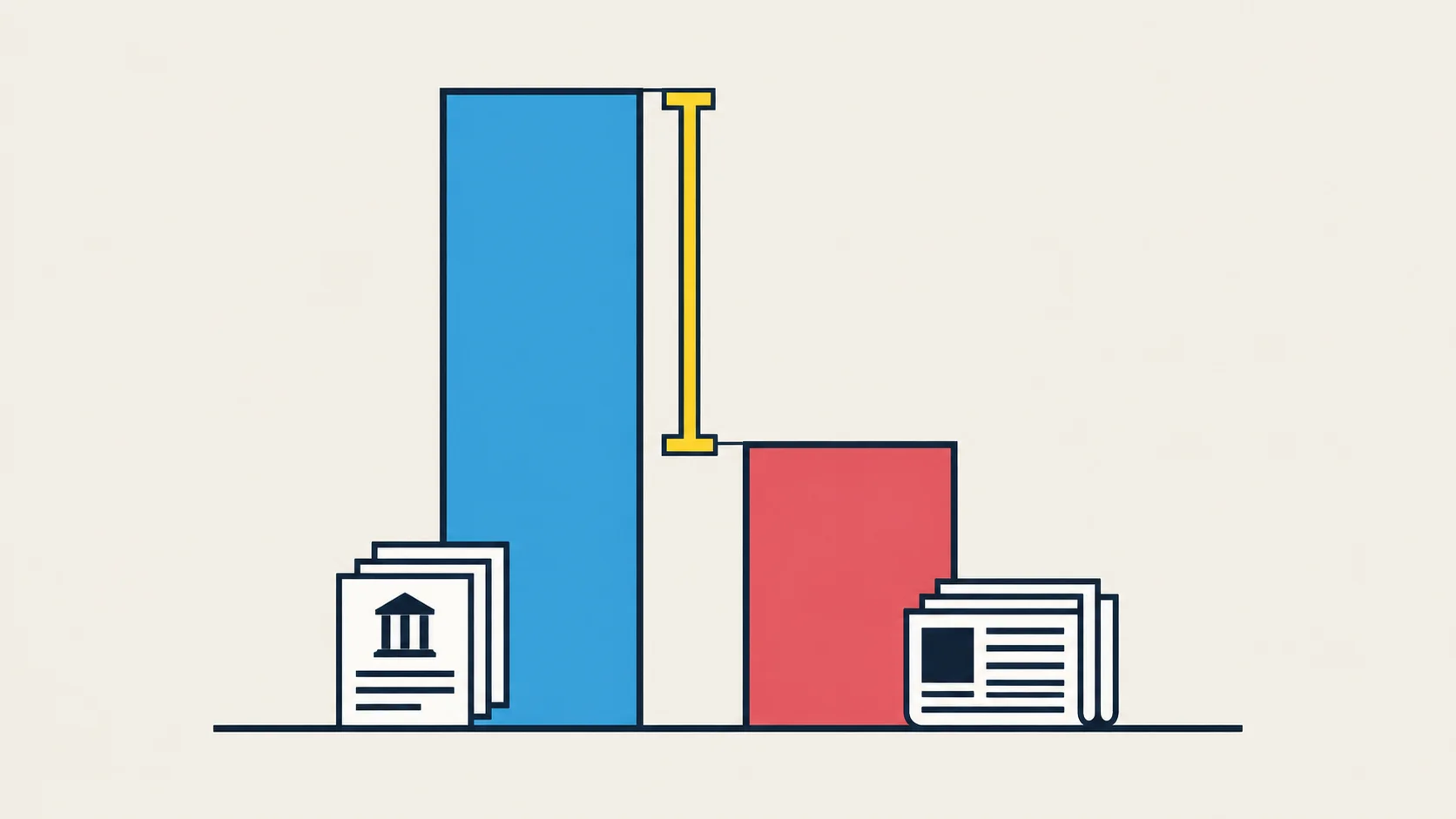 A tall blue bar with a stack of government documents at its base, and a short coral bar with a stack of newspapers at its base. A yellow bracket spans the height difference between their tops.