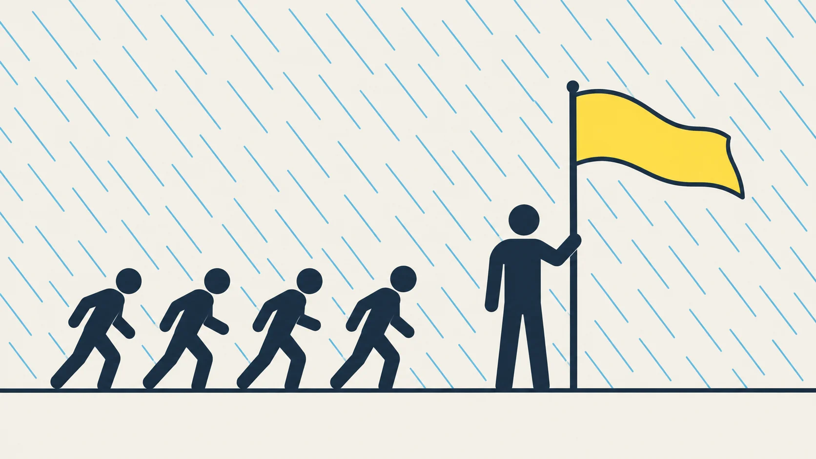 Diagonal blue rain lines fill the scene. A navy figure stands upright holding a tall pole with a yellow flag streaming right, while four smaller figures walk toward it from the left, leaning into the wind.
