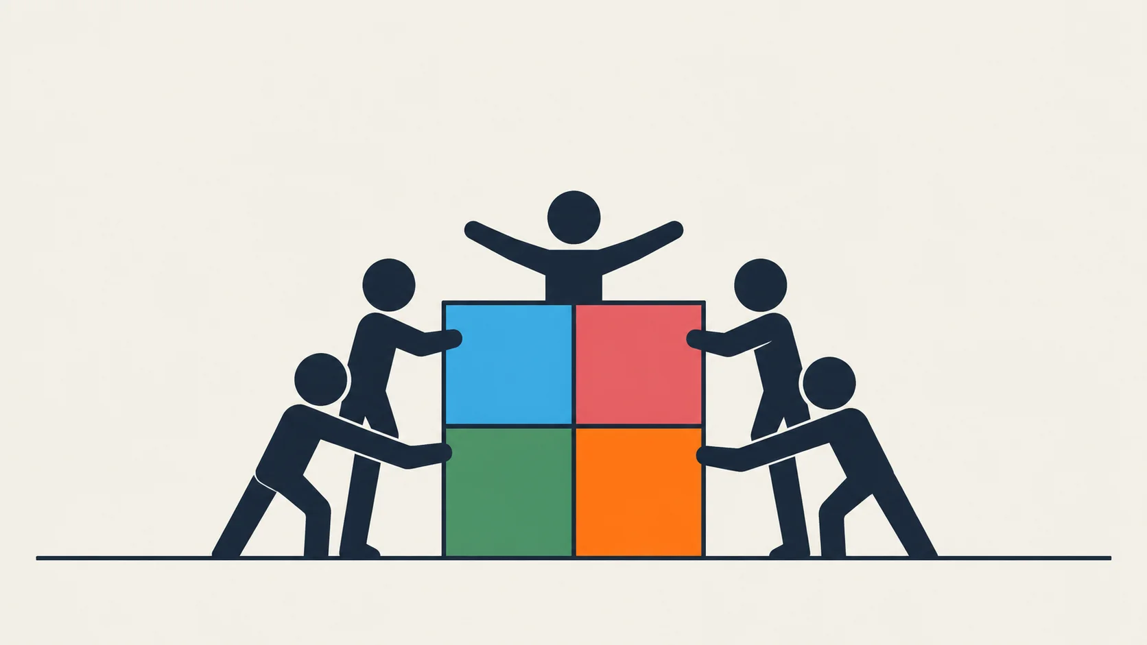 Four navy figures push four colored squares, blue, coral, green, and orange, together into one large square, while a fifth figure stands behind it with arms open wide.