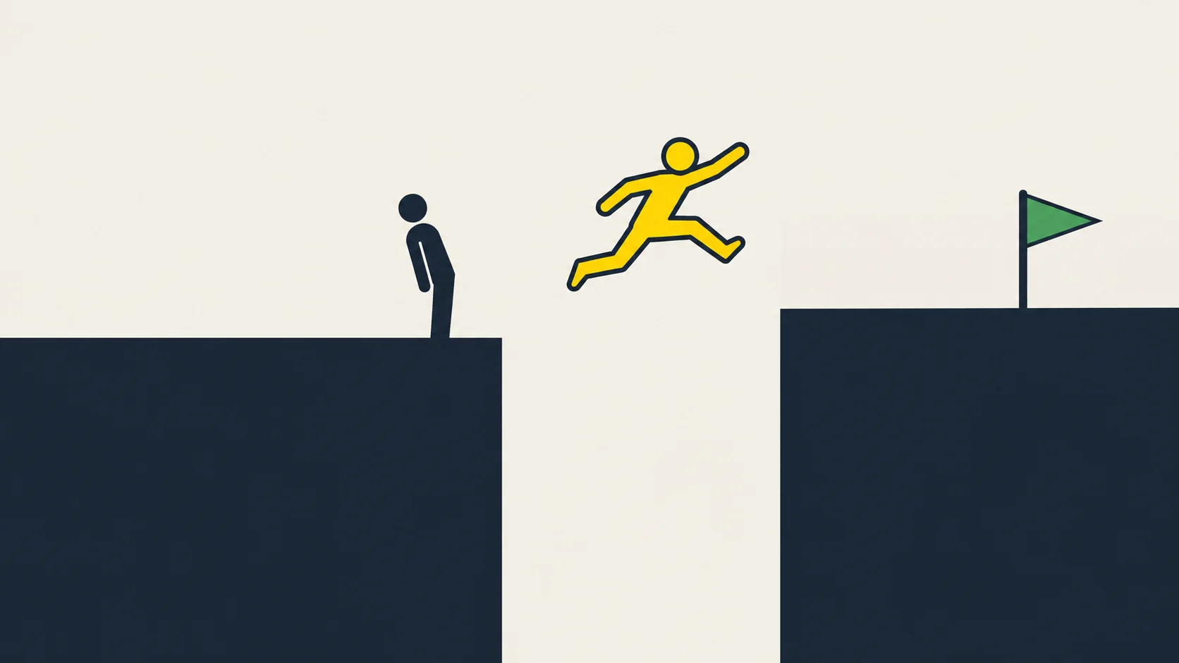 Two navy platforms with a gap between them. A navy figure stands stiffly at the edge of the lower left platform while a yellow figure leaps through the air toward the higher right platform, where a green flag stands.