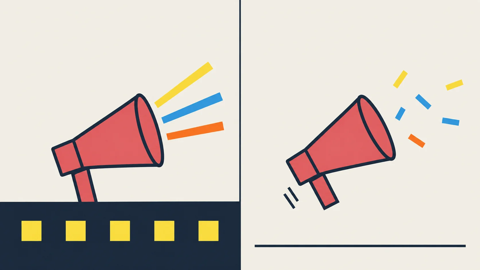 Two panels. Left: a coral megaphone standing on navy bedrock with five yellow blocks, sound lines bold and straight. Right: the same megaphone toppling in mid-air over a bare ground line, its sound lines scattered into dashes.